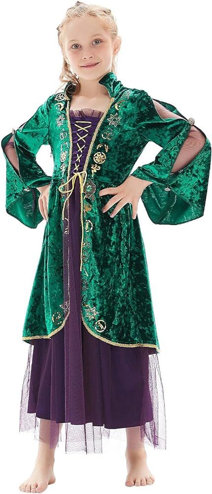 Auoctey Kids Girls Mary Sanderson Costume Cosplay Sarah Winifred Sanderson Halloween Witch Outfit... | Amazon (US)