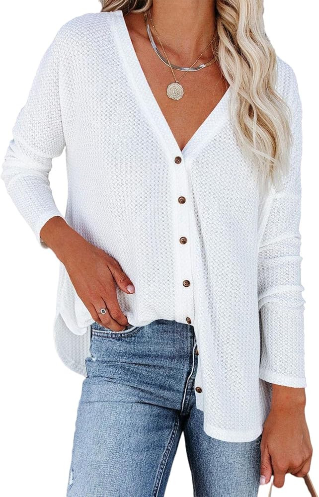 Newffr Women's V Neck Waffle Knit Blouses Button Down Shirts Casual Long Sleeve Tunic Cardigan To... | Amazon (US)