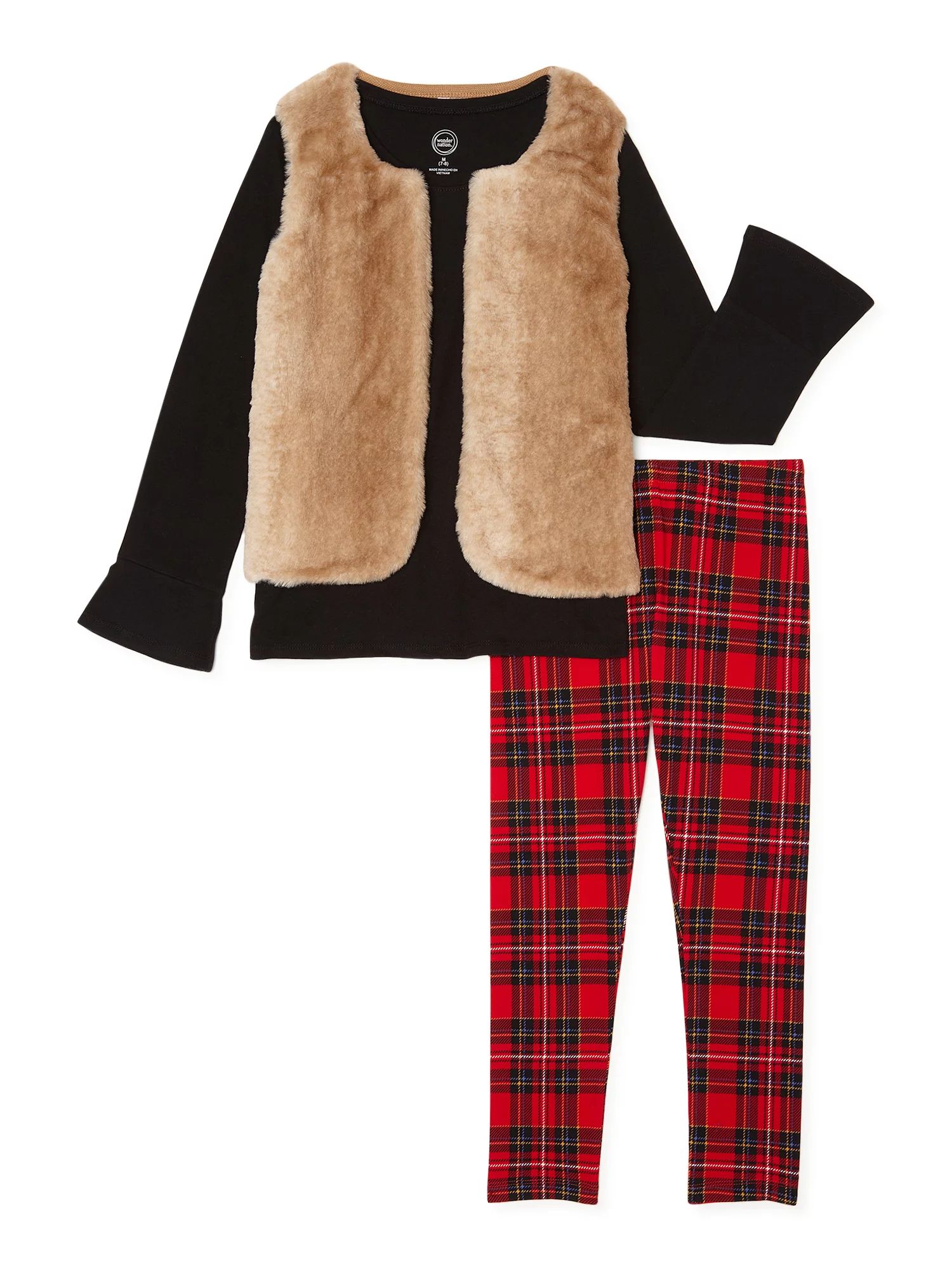Wonder Nation Girls Faux Fur Vest, Bell Sleeve Top and Leggings Outfit Set, 3-Piece, Sizes 4-18 &... | Walmart (US)