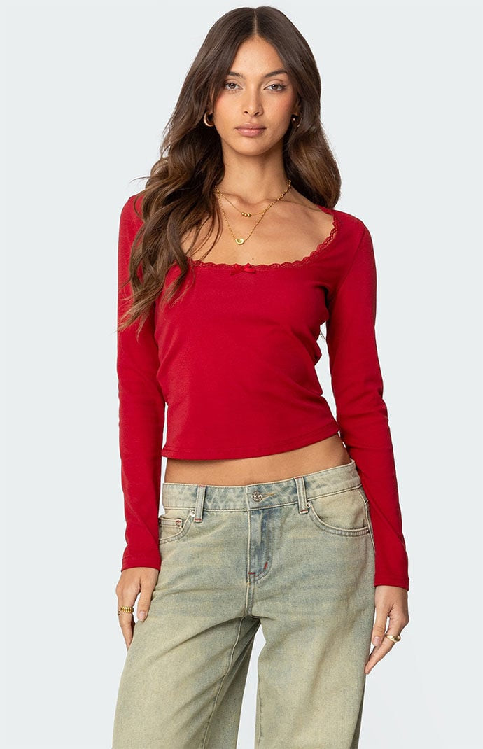 Edikted Women's Mora Lace Trim Ribbed T-Shirt in Red - Size Medium | PacSun