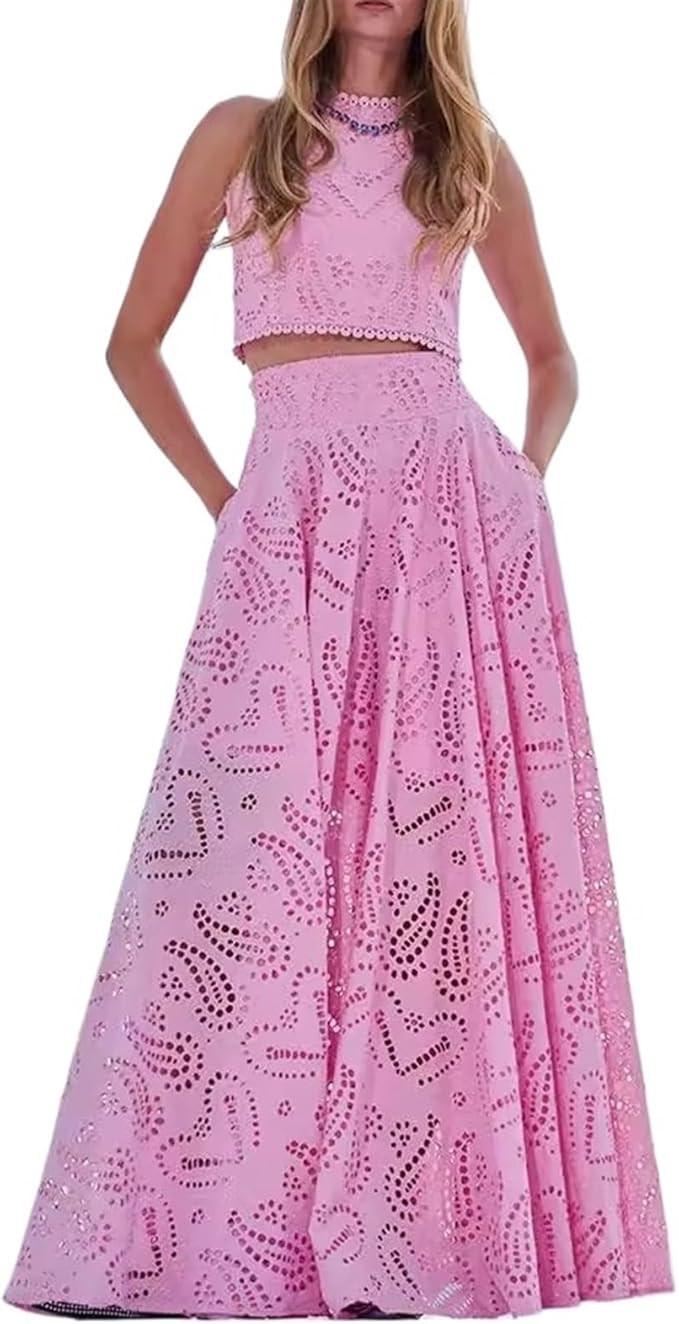 Women's Sexy 2 Piece Eyelet Dress - Lace Embroidery Sleeveless Tight Skirt Party Club Wear Casual... | Amazon (US)