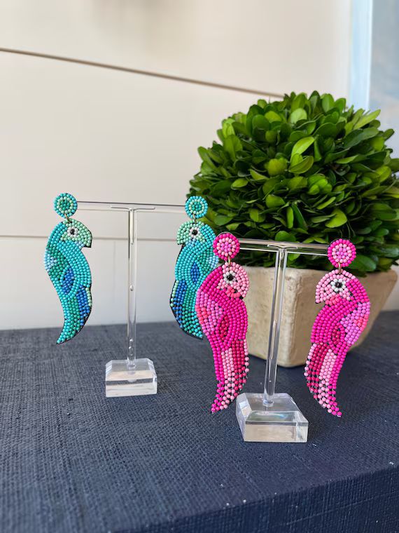 Hot Pink Tropical Bird Earrings -Brookhaven Baubles - Southern Statement Jewelry - Beaded Stateme... | Etsy (US)