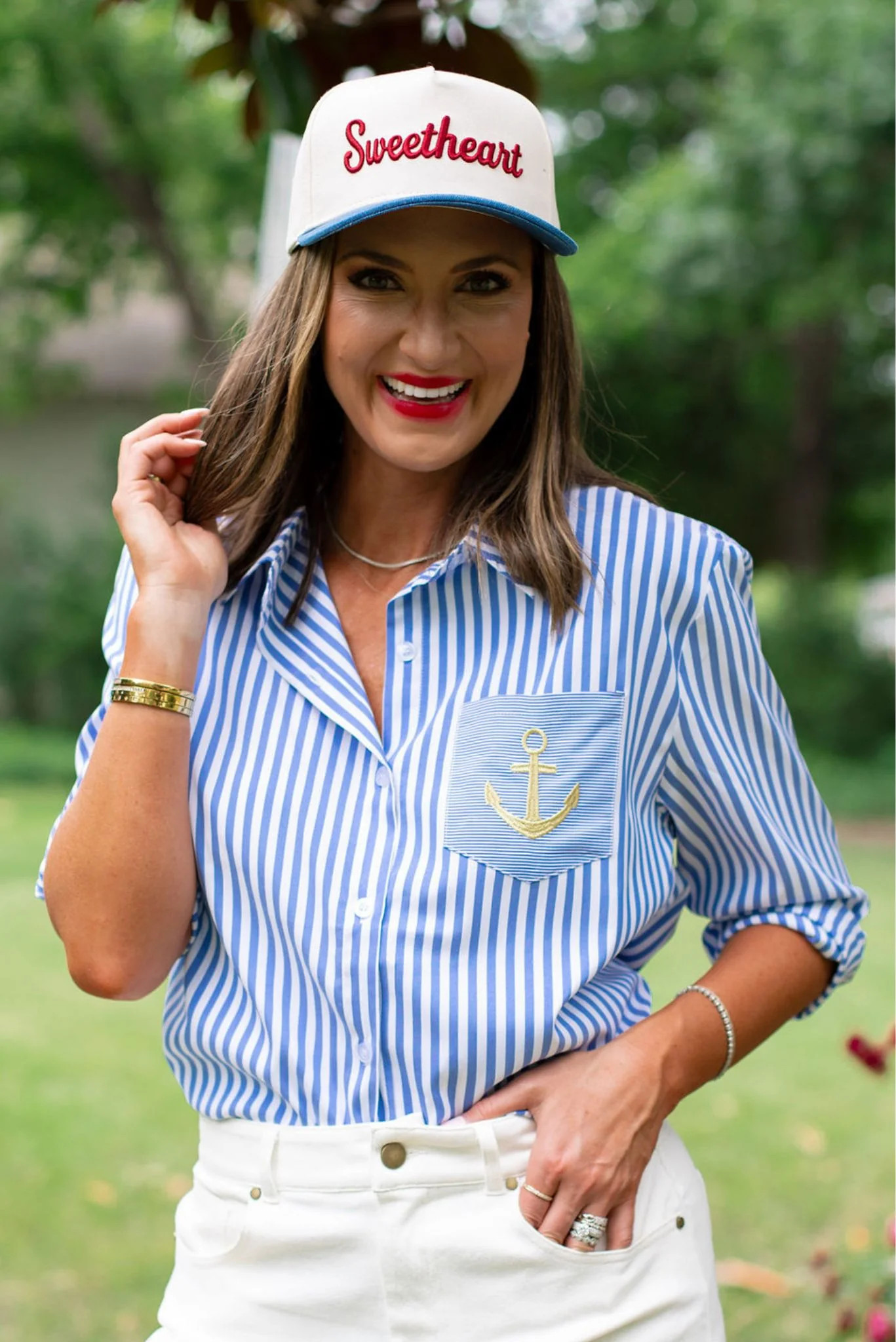 SSYS Collette Poplin Stripe Anchor Embroidery Top In Navy | SSYS