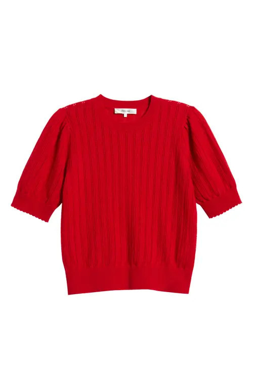 FRAME The Ladder Pointelle Short Sleeve Cashmere Sweater in Bright Raspberry at Nordstrom, Size X-Large | Nordstrom