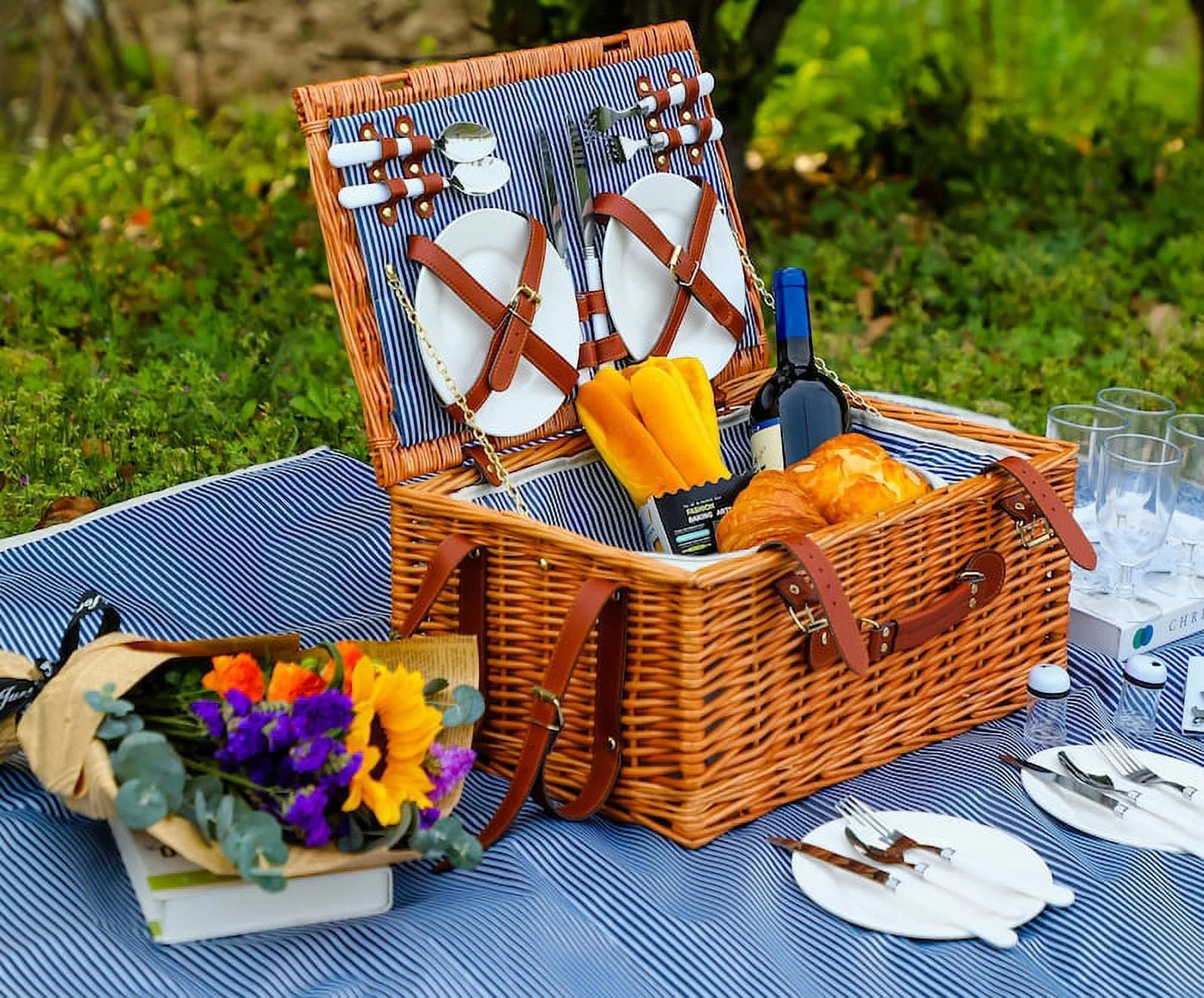 iLivin Hand-Woven Wicker Picnic Basket Set for 4, Insulated Drink Cooler Bag & Waterproof Blanket... | Walmart (US)