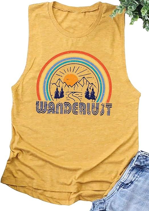 FAYALEQ Wanderlust Tank Tops Women Cute Funny Graphic Tees Summer Vacation Casual Letter Print Sl... | Amazon (US)