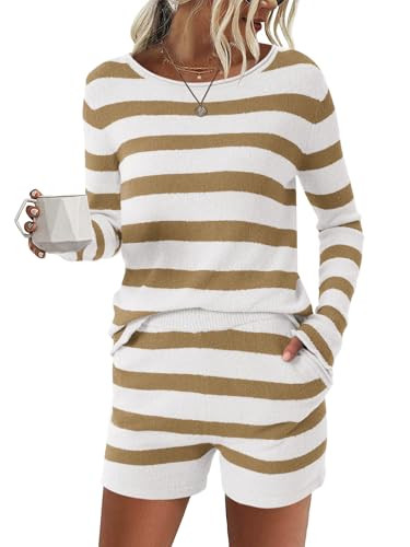 Womens Lounge Sets Knit Pajamas striped sets Boat neck Sweater Top and Shorts 5 Piece with Pockets Khaki | Amazon (US)