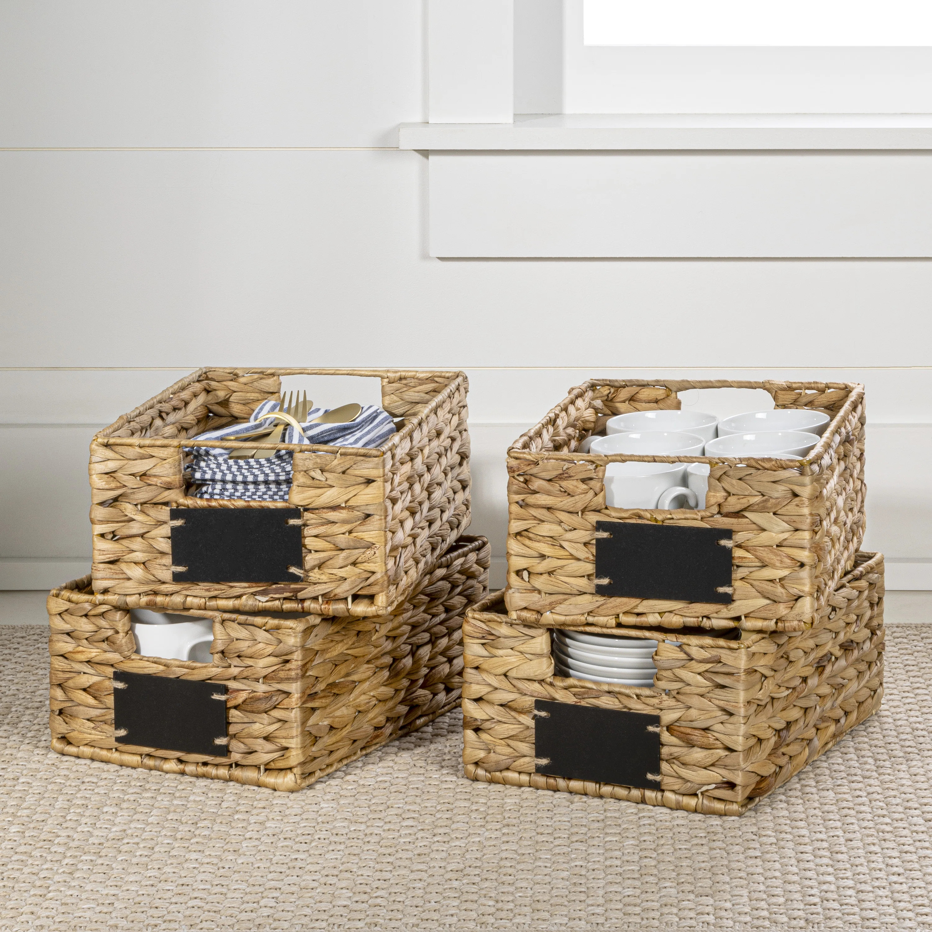 Lane 12" Classic Farmhouse Handwoven Hyacinth Pantry Baskets with Chalkboard Labels and Handles (... | Wayfair North America