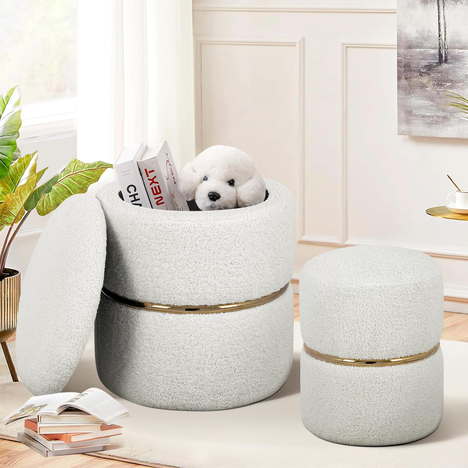 Furniliving Round Storage Ottoman Set of 2, Modern Sherpa Vanity Stool for Makeup, Comfy Ottoman ... | Amazon (US)