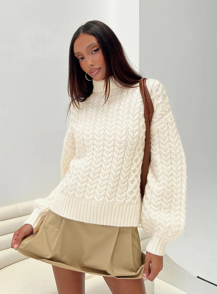 Judson Roll Neck Cable Knit Sweater Cream | Princess Polly US