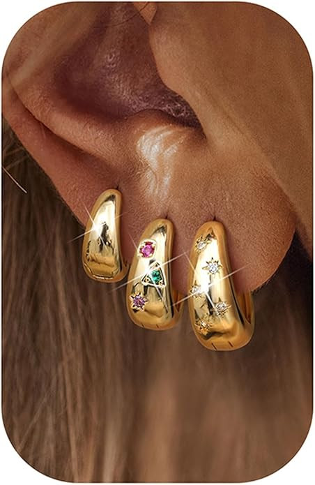 Gold Hoop Earrings Set for Women - 3Pairs Chunky Gold Silver Huggie Earrings Small 14K Gold Fille... | Amazon (US)