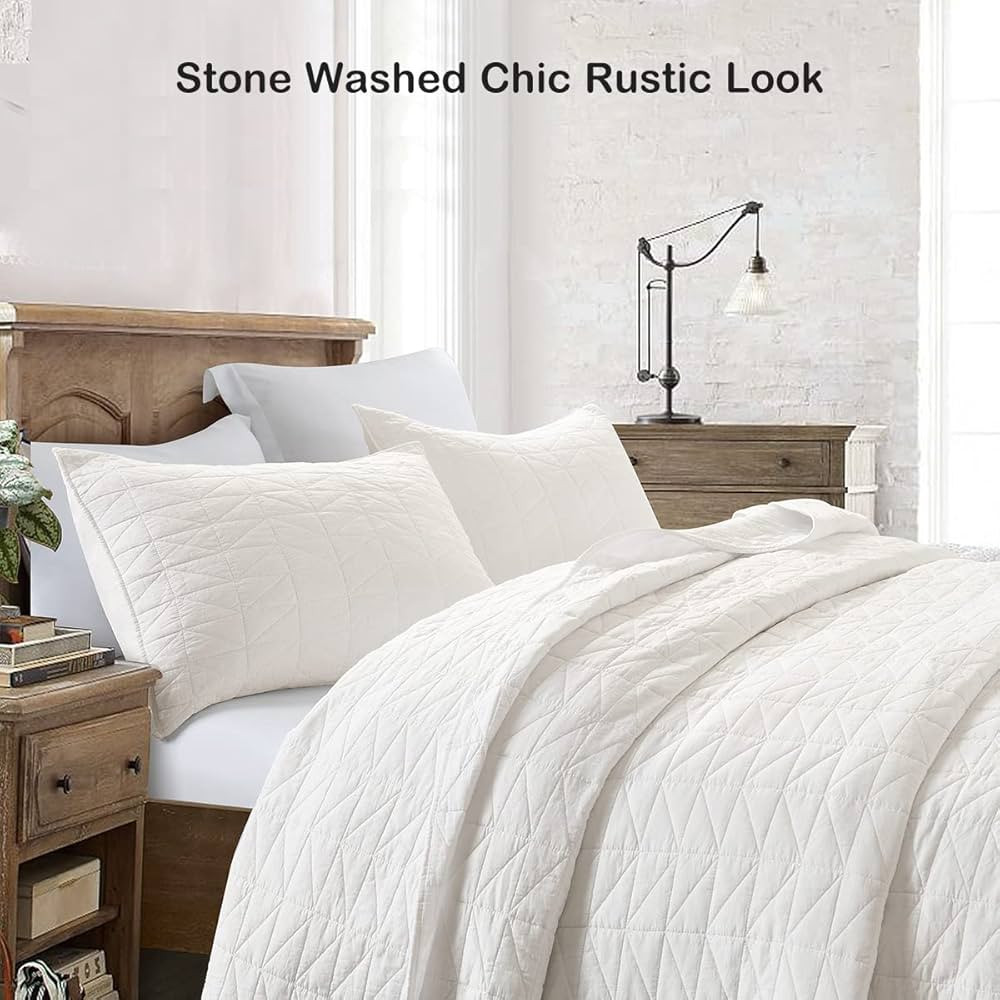 HORIMOTE HOME Quilt Set Queen Size, Stone-Washed Chic Rustic Cream White Quilt with Classic Trian... | Amazon (US)