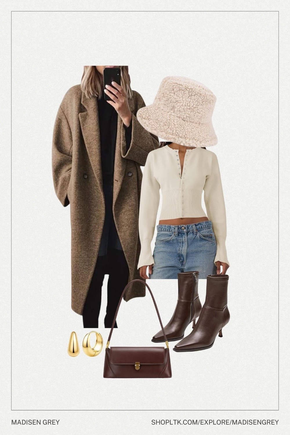 Fall or winter outfit with wool trench coat, chocolate brown accessories, and a fitted cardigan. The trench coat and accessories really dress up this casual outfit!  

#LTKootd #LTKTravel