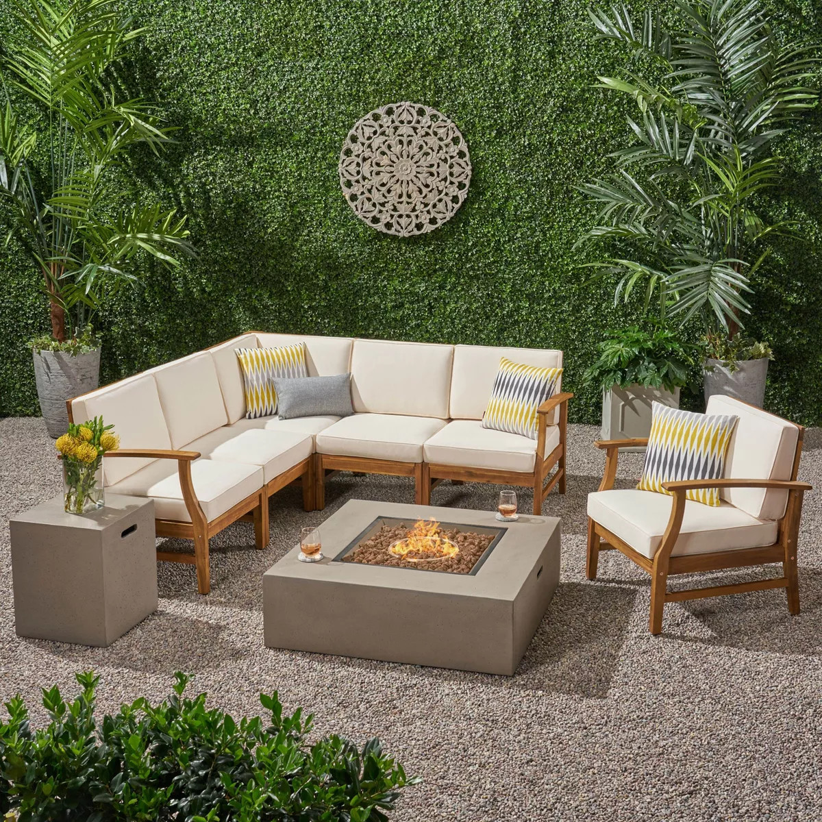 Christopher Knight Home Illona Outdoor Acacia Wood 6 Seater Sectional Sofa and Club Chair Set wit... | Target