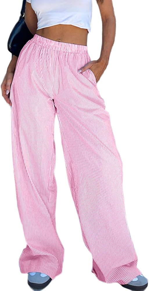 Women Y2K Striped Lounge Pants Casual Loose Elastic Waist Straight Wide Leg Pants Going Out Pants... | Amazon (US)