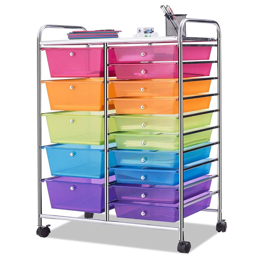 Giantex 15 Drawer Rolling Storage Cart Tools Scrapbook Paper Office School Organizer, Multicolor | Amazon (US)