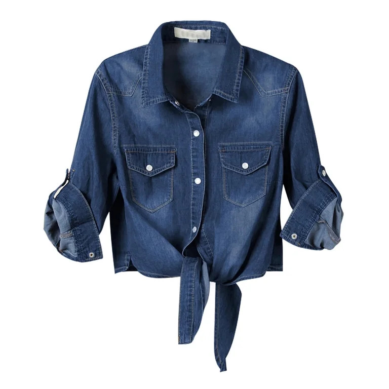 Womens 3/4 Sleeve Modern Denim Crop Top Tie Knot Shirt Cardigan | Walmart (US)
