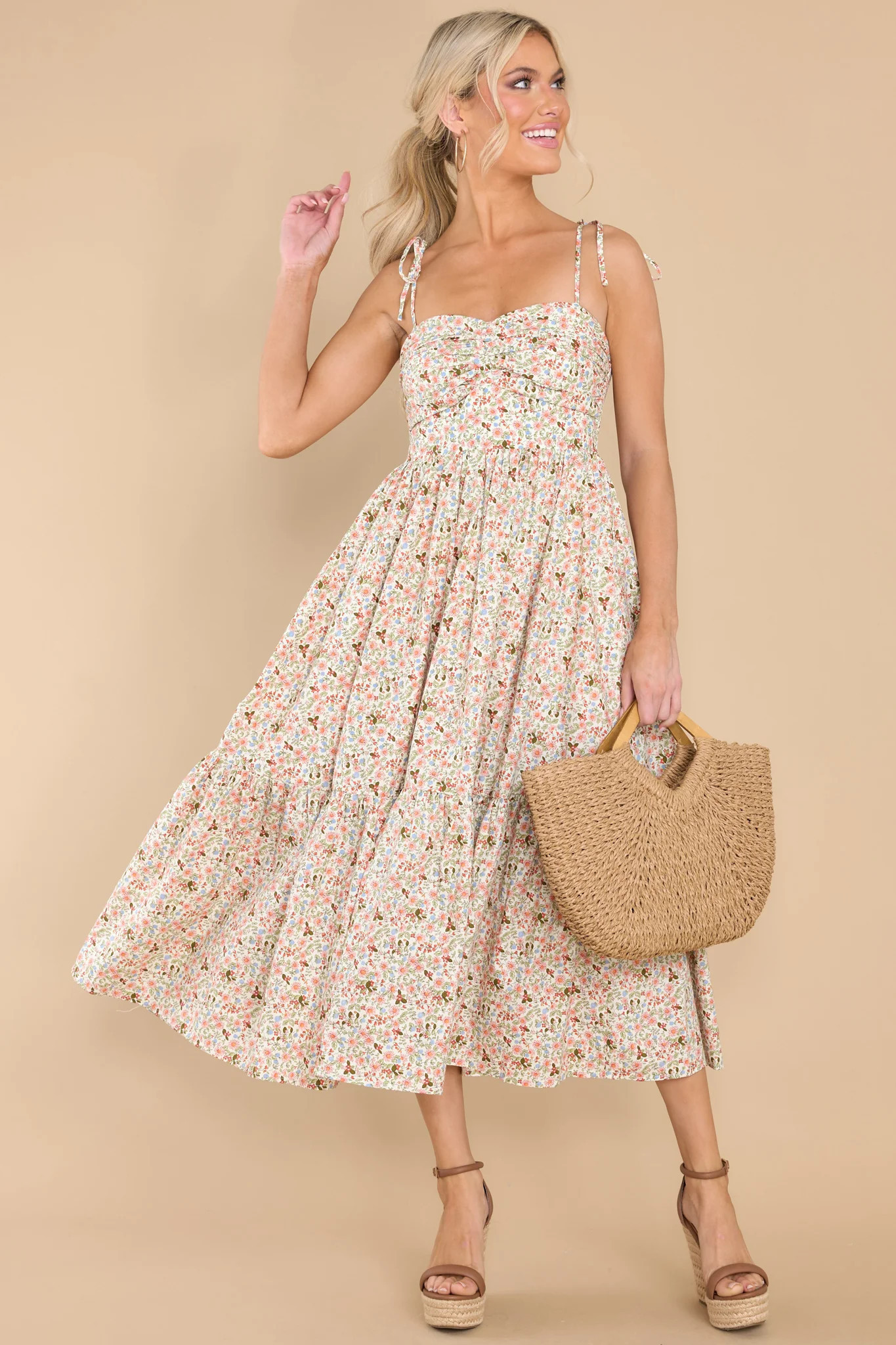 Frolic Through The Fields Ivory Multi Midi Dress | Red Dress 