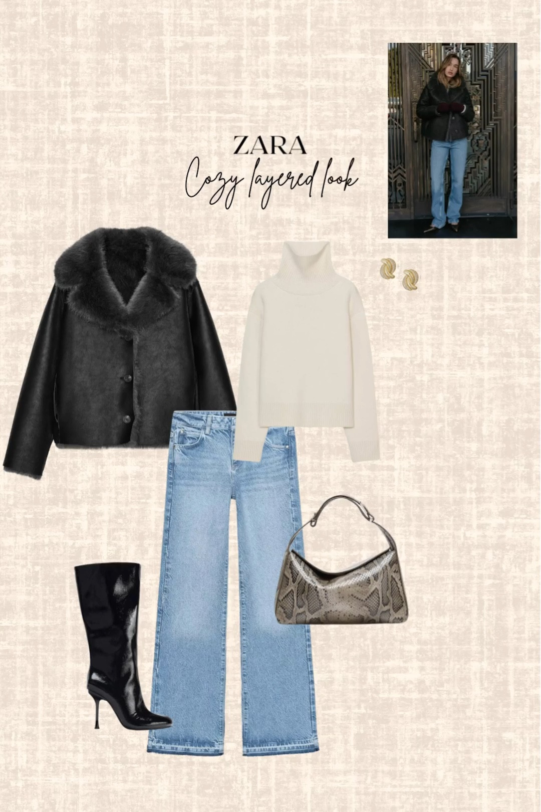 Zara Cozy layered look! 

Jacket, jeans, handbag, sweater, boots, earrings 

#LTKSeasonal #LTKootd #LTKFindsUnder100