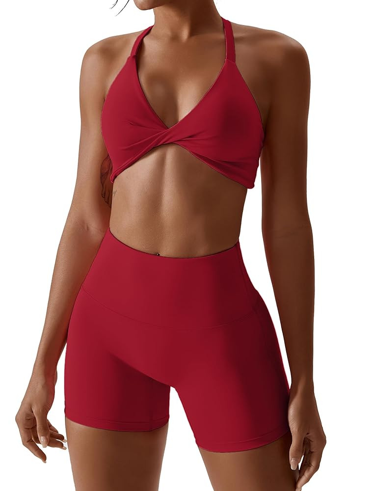 ABOCIW Workout Sets for Women 2 Piece Twist Front Halter Sports Bras High Waist Biker Shorts Exer... | Amazon (US)