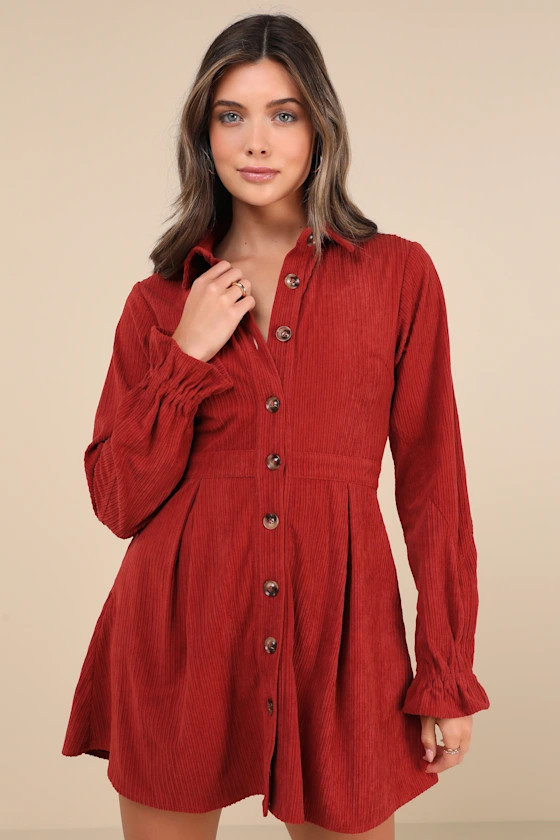 Autumn Mood Rust Red Corduroy Mini Dress With Pockets | Lulus