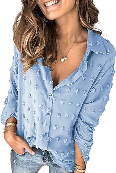 Astylish Womens Pompom Button Down Shirt Casual Blouse Top | Amazon (US)