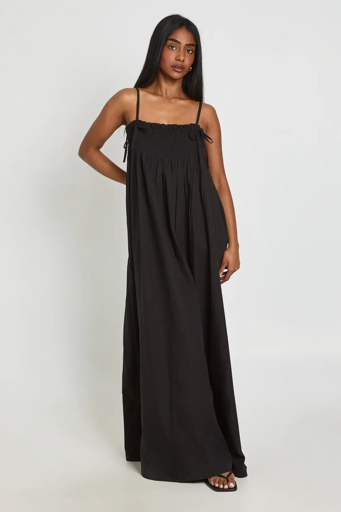 Black Shirred Detail Maxi Smock Dress | Boohoo | Boohoo.com (UK & IE)