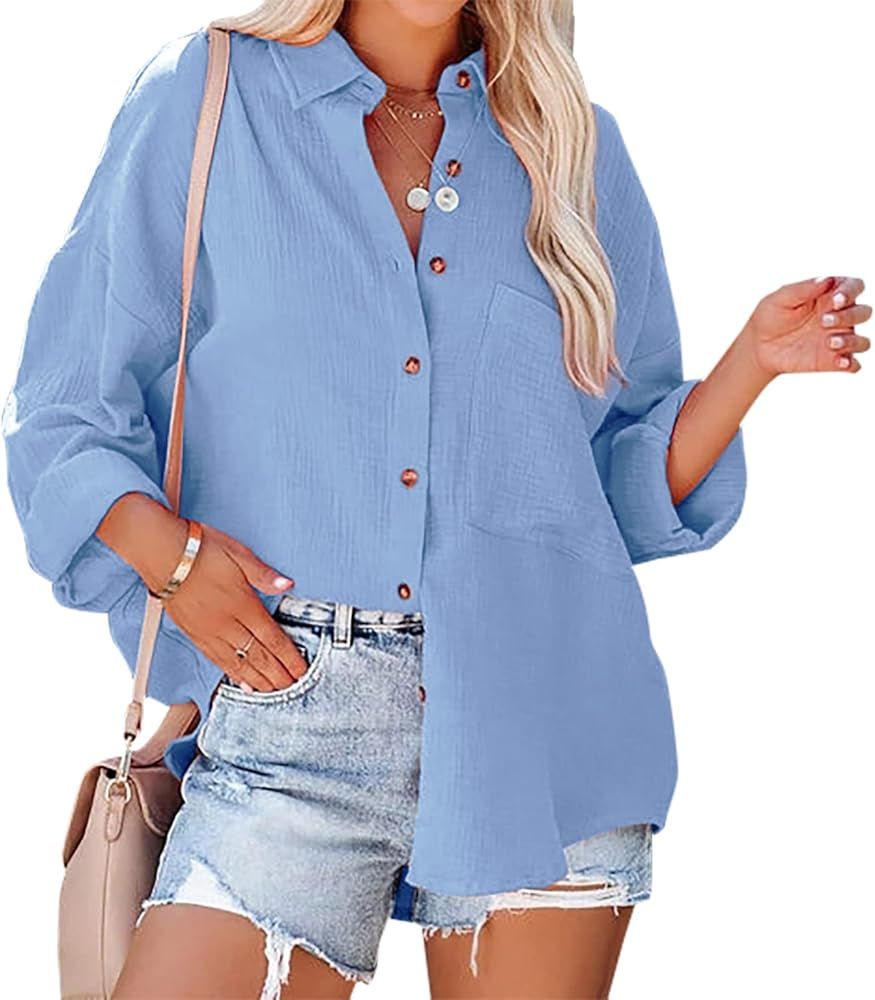 Ermonn Womens Long Sleeve Button Down Shirts V Neck Collared Oversized Blouses Casual Tops with Bust | Amazon (US)