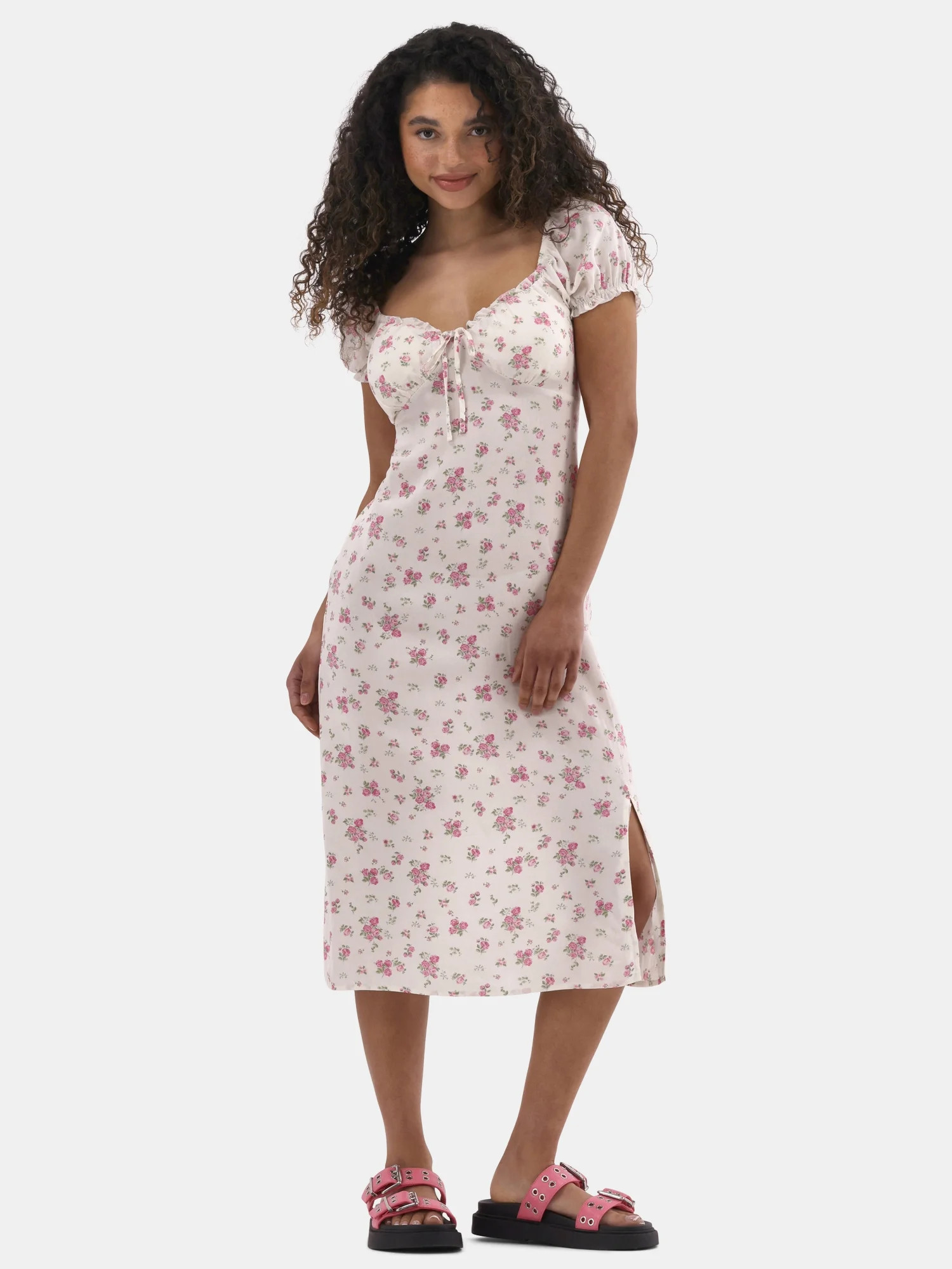 No Boundaries Midi Dress with Puff Sleeves, Women's | Walmart (US)