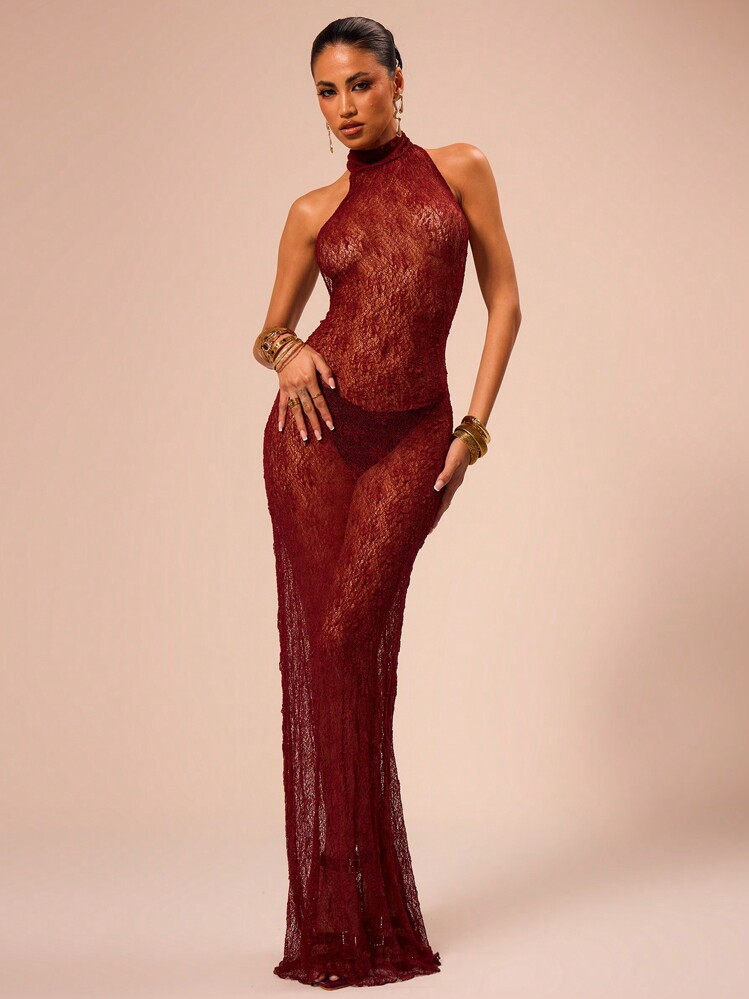 MUSERA Sheer Halter Neck Maxi Holiday Party Dress Vacation Summer Sexy Ibiza Beach Night Out Birt... | SHEIN