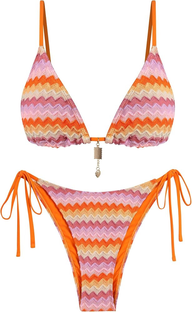 ZAFUL Crochet Bikini Sets for Women Cheeky Boho Bathing Suits Striped Brazilian High Cut Thong Bikini Swimsuit for Vacation | Amazon (US)