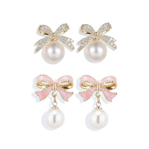 Gold Pearl Bow Earrings For Women Trendy Pink Coquette Drop Stud Ribbon Silver Earrings Dangle Jewelry - Unique Gifts For Wife Preppy Cute Teen Accessories 2025 (Pink Gold and Bow Pearl) | Amazon (US)