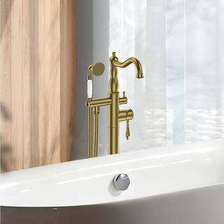 2-Handle Freestanding Tub Faucet with Hand Shower in Brushed Gold | The Home Depot