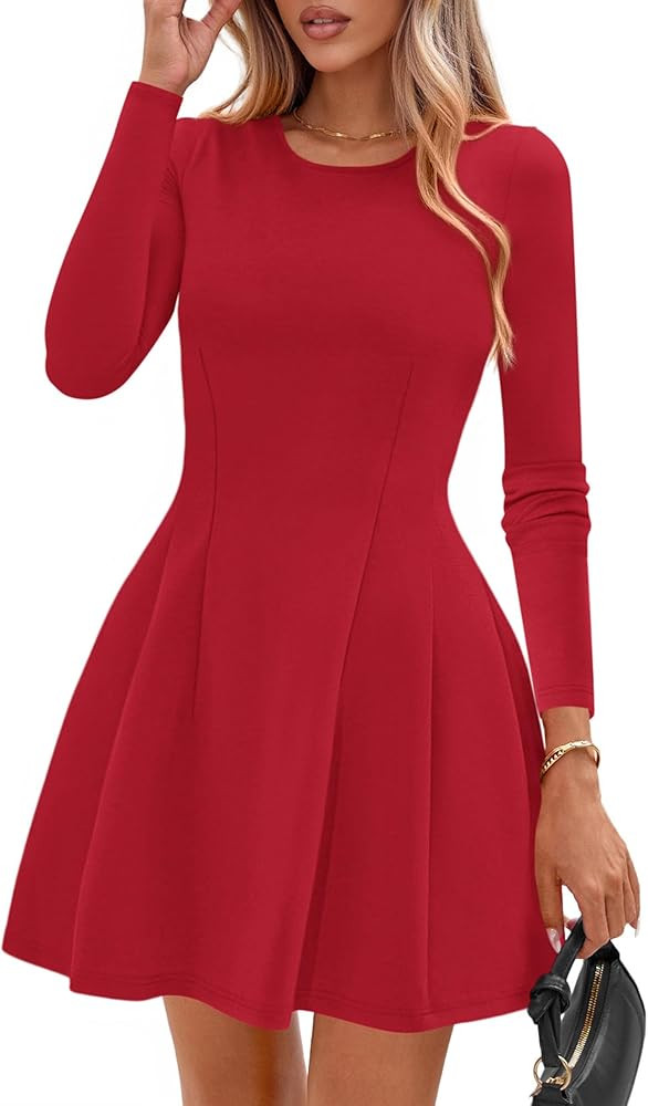 PRETTYGARDEN Long Sleeve Mini Dress for Women 2025 Fall Crewneck Knit Pleated Babydoll A Line Sof... | Amazon (US)