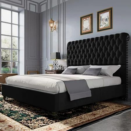 PaPaJet Bed Frame King Size Low Profile Velvet Upholstered Sleigh Bed Deep Button Rolled Edge Tuf... | Walmart (US)