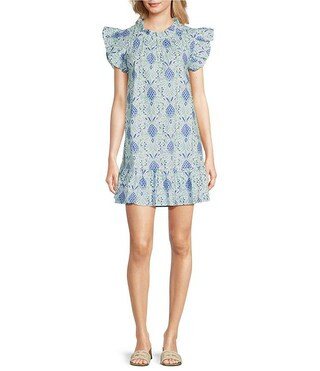 Woven Pineapple Print Ruffle Mock Neck Flutter Sleeve Shift Dress | Dillard's