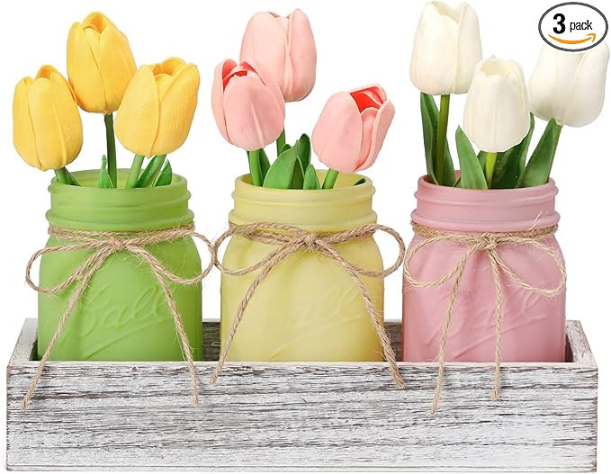 Spring Decorations, Spring Mason Jar Centerpiece for Table with Wood Tray & Artificial Tulips, Tu... | Amazon (US)