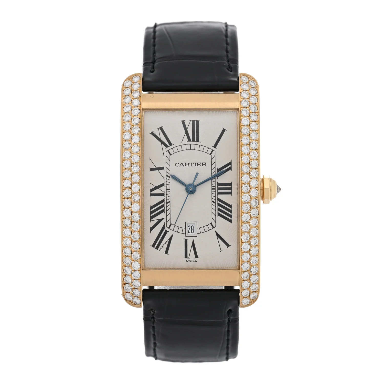 Cartier 18K Yellow Gold Alligator Diamond Bezel 26mm Tank Americaine Automatic Watch 1685473 | FASHIONPHILE (US)
