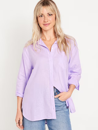 Linen-Blend Button-Down Boyfriend Shirt | Old Navy (US)