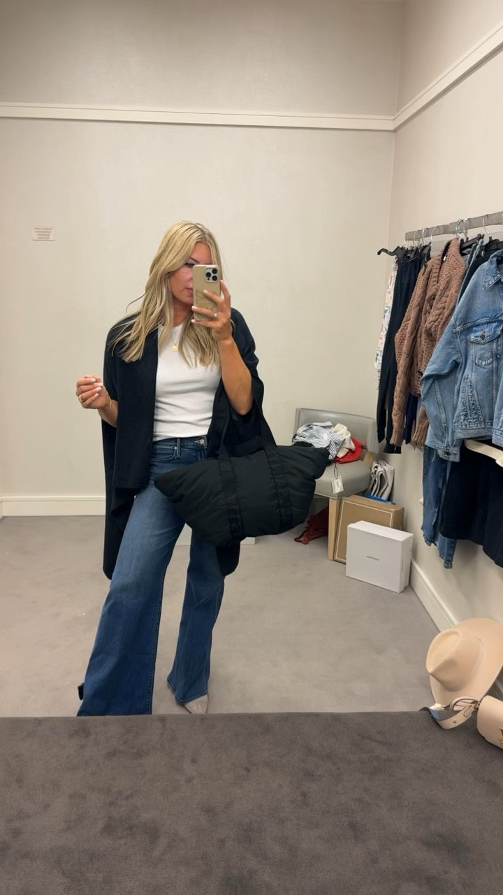 Wide leg jeans Mother denim 
Shawl / wrap 
NSale 
Nordstrom Anniversary sale 
Puffer tote from All Saints

#LTKOver40 #LTKxNSale #LTKFindsUnder100