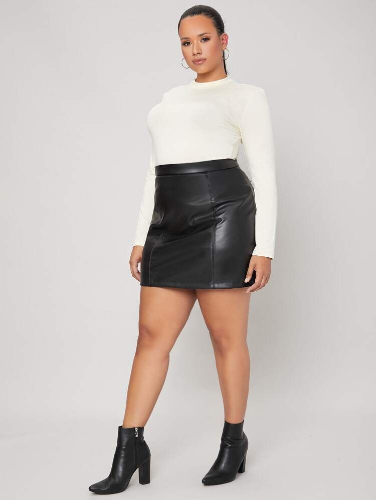 SHEIN BASICS Plus High Waist PU Leather Skirt | SHEIN