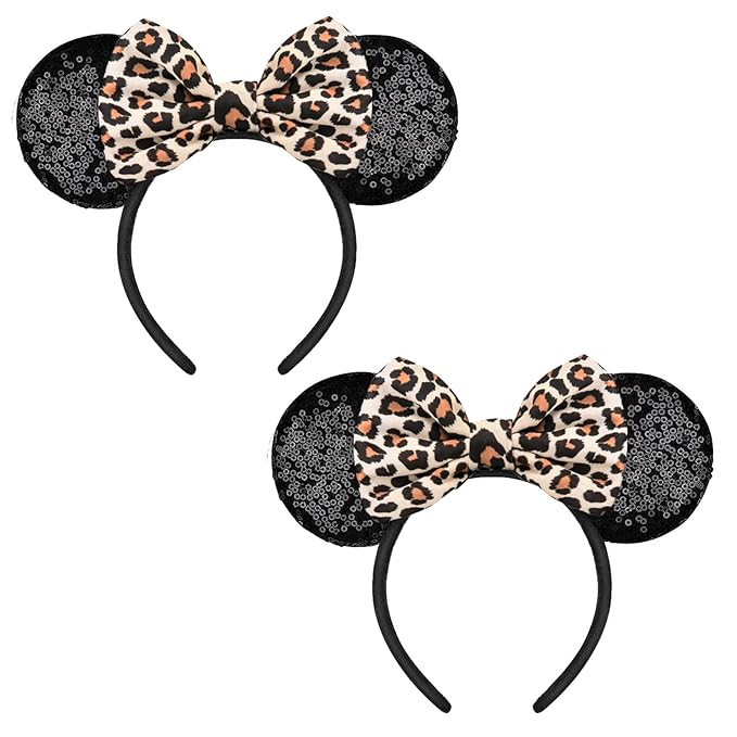 2 PCS Mouse Ears, Shiny Sequin Bow Leopard Mouse Ears Headbands for Adult Women Girls Christmas B... | Amazon (US)