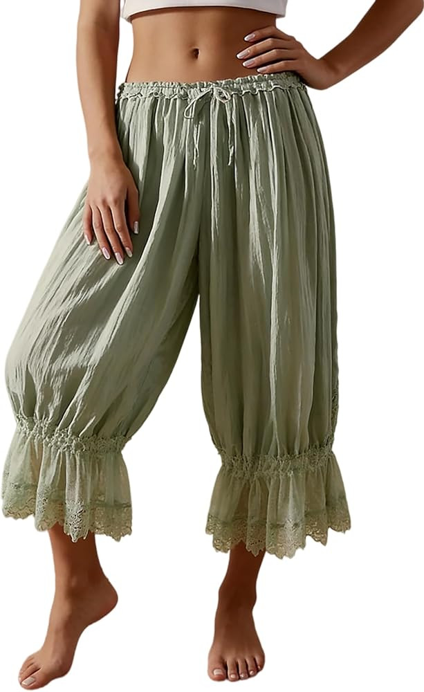 NUFIWI Women Ruffle Long Bloomer Y2k Lace Trim Pettipants Pantaloons Mid Rise Cropped Pajama Pant... | Amazon (US)