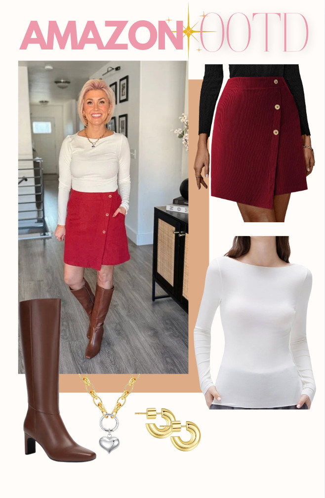 Loving this cute skirt! Perfect with a long sleeve shirt and knee-high boots. Skirt: Medium Top: Small Boots: TTS 

 #LTKootd #LTKSaleAlert #LTKFindsUnder50