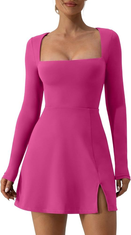 QINSEN Womens Square Neck Bodice Dress Long Sleeve Side Slit Flare Mini Dresses | Amazon (US)