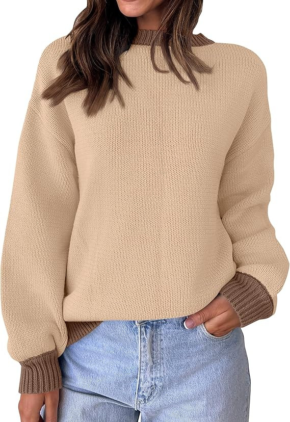 ZESICA Women's Casual Long Sleeve Crew Neck Pullover 2024 Fall Ribbed Knit Loose Contrast Color S... | Amazon (US)