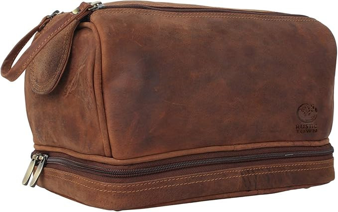Genuine Leather Travel Toiletry Bag - Dopp Kit Organizer By Rustic Town (Brown) | Amazon (US)