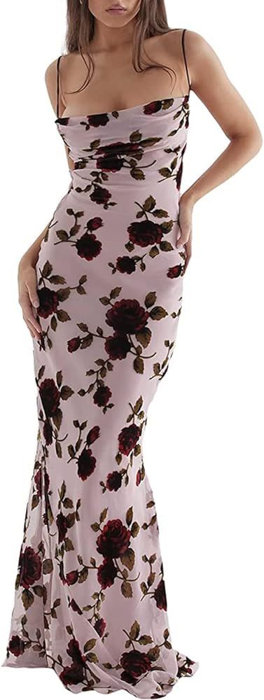 Women Vintage Spaghetti Strap Maxi Dress Sexy Low Cut Backless Floral Satin Slip Long Dress Y2k C... | Amazon (US)