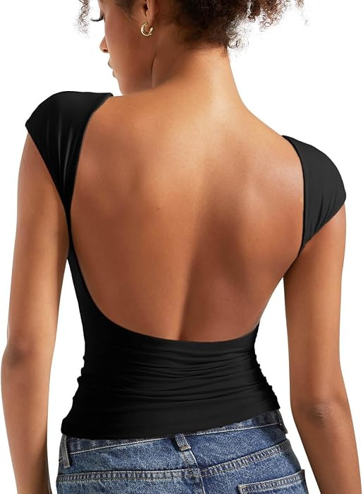 SUUKSESS Women Backless Sexy Going Out Tops Double Lined Open Back Y2k Basic Tee Shirts | Amazon (US)