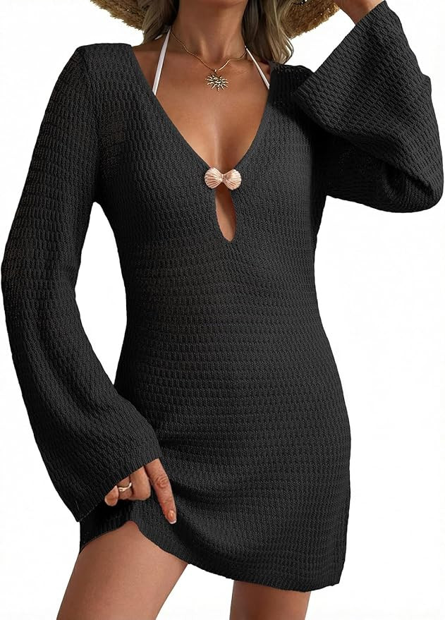 Dokotoo Beach Cover Ups for Women Sexy Deep V Neck Crochet Swimsuit Knit Hollow Out Cover Up Dres... | Amazon (US)